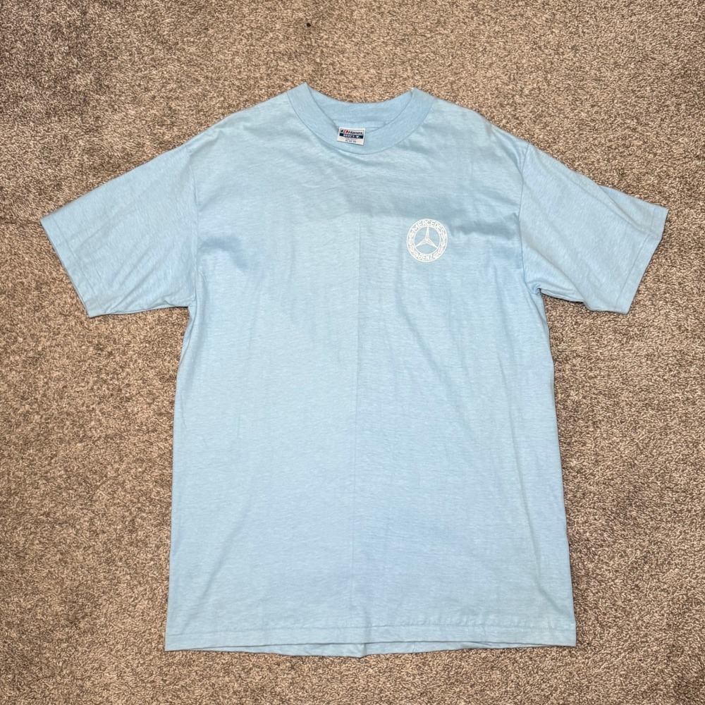 Vintage Hanes Beefy-T Mercedes Benz Logo T-Shirt Light Blue XL Made in USA Y2K